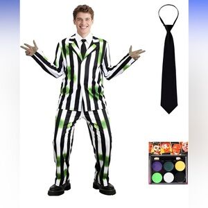 Men’s Striped Costume with Tie and Face Paint, Size Small with Makeup Pallette